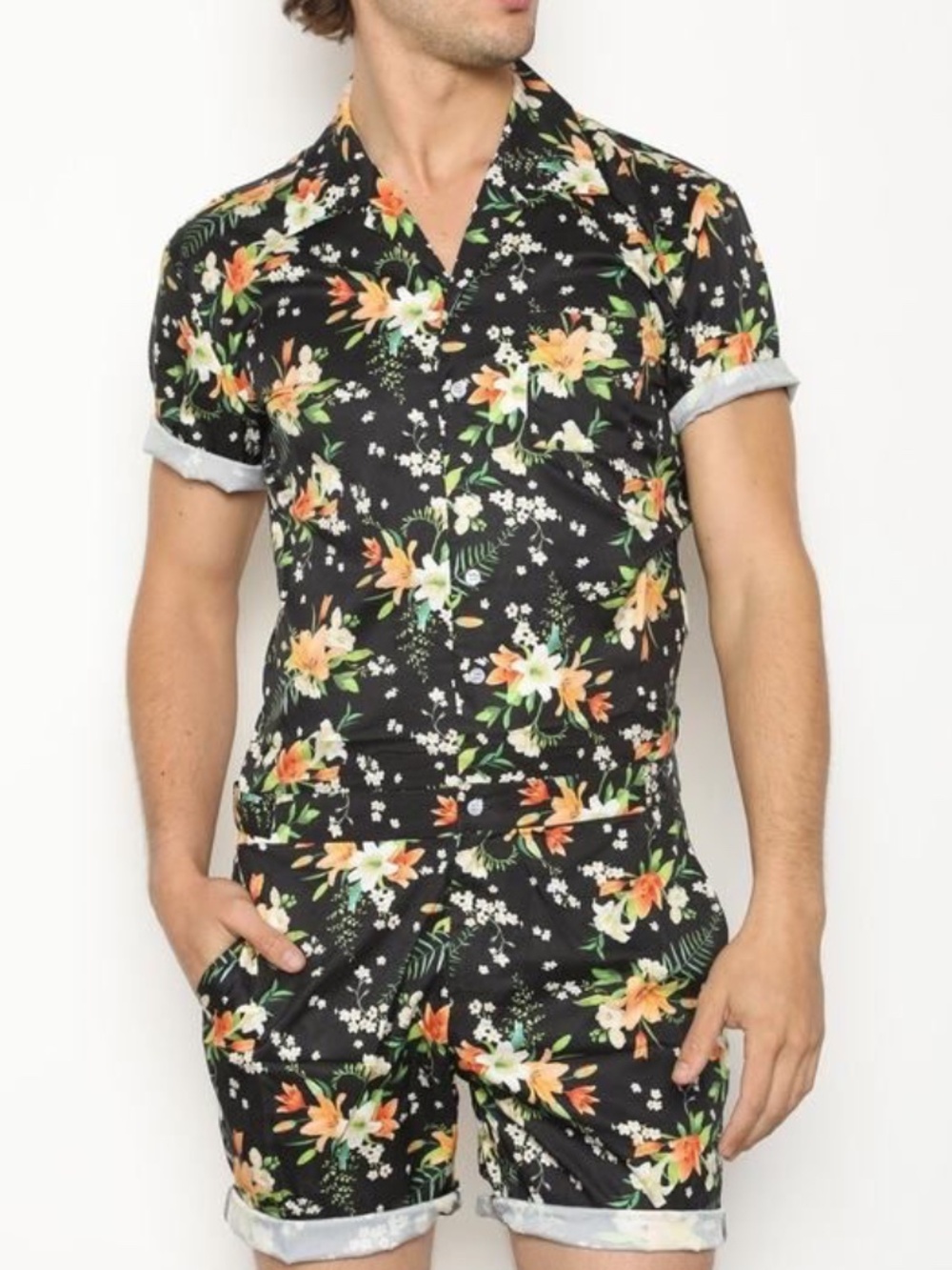 Romperjack Men’s Sz S Tropical Floral Romper One Piece Short Sleeve Black Orange